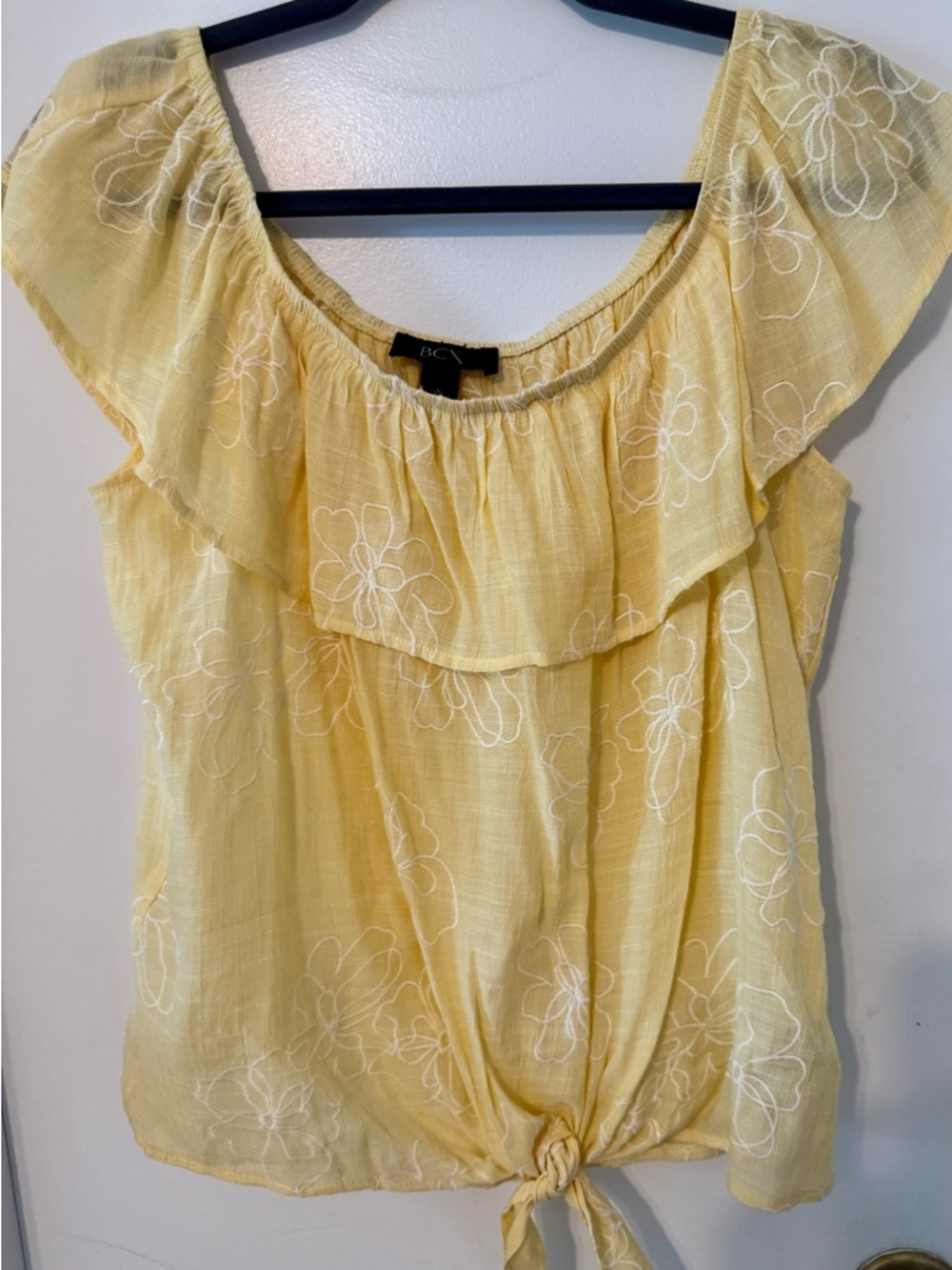 BCBG Yellow Floral Off-Shoulder Tie-Hem Top Size L